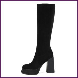 Platform Knee High Boots Chunky Heel Square Toe Stretchy Shaft
